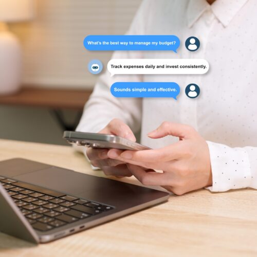 A person using a smartphone AI assistant chatbot for advice on managing a budget.